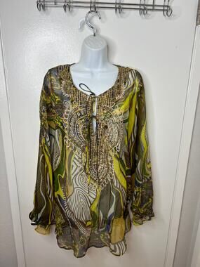 Kay Celine Women's Semi-Sheer Embellished Multicolor Blouse ~ Size XL